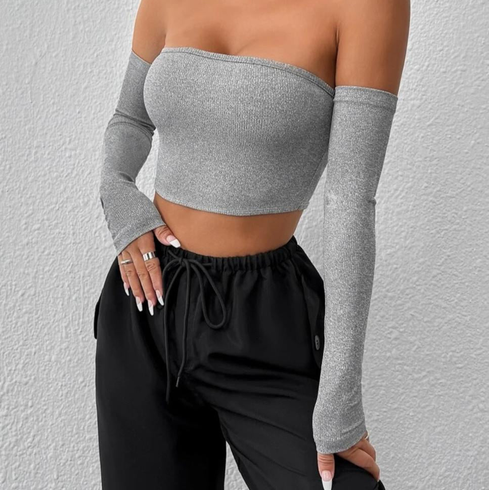crop top manga larga saray